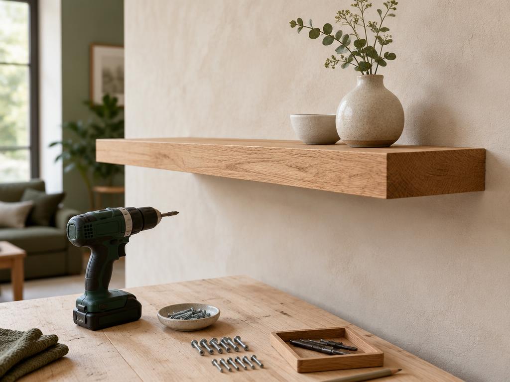 Illustratieve montage van een houten wandplank met gereedschap